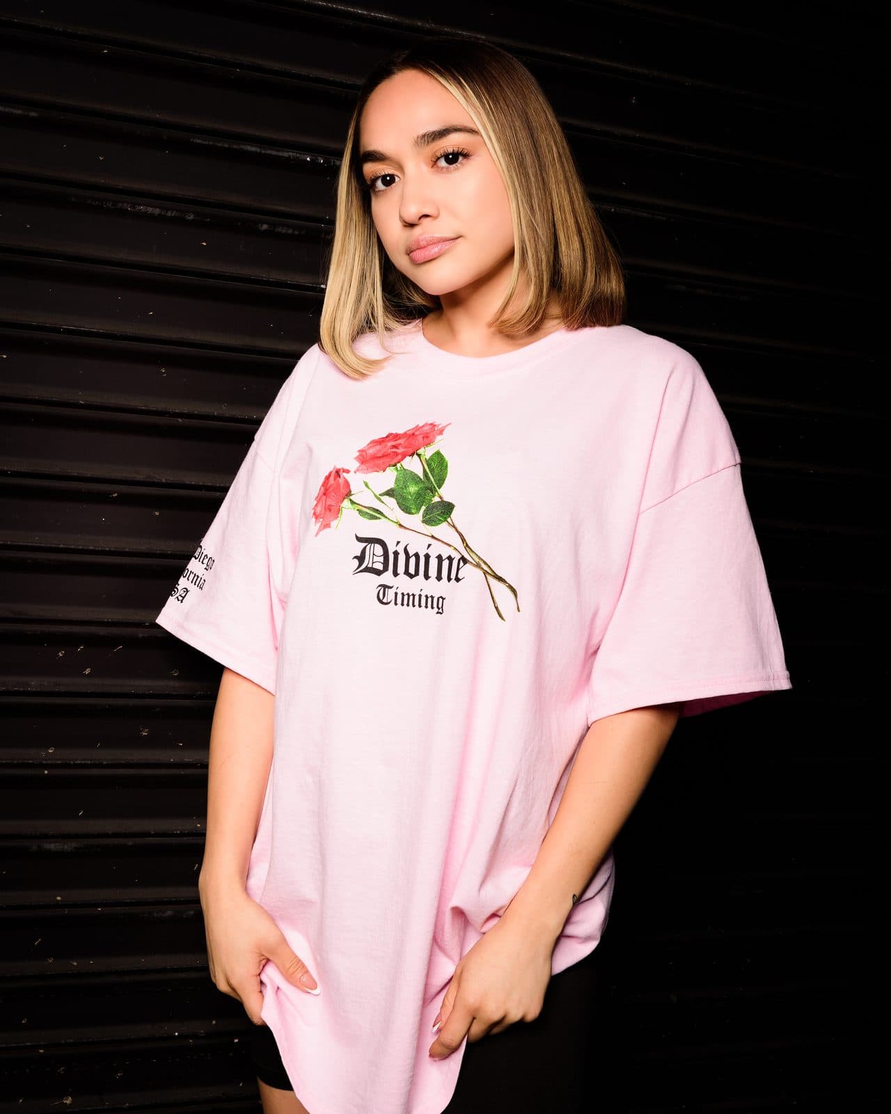 Divine Timing Pink Tee, front, on a model