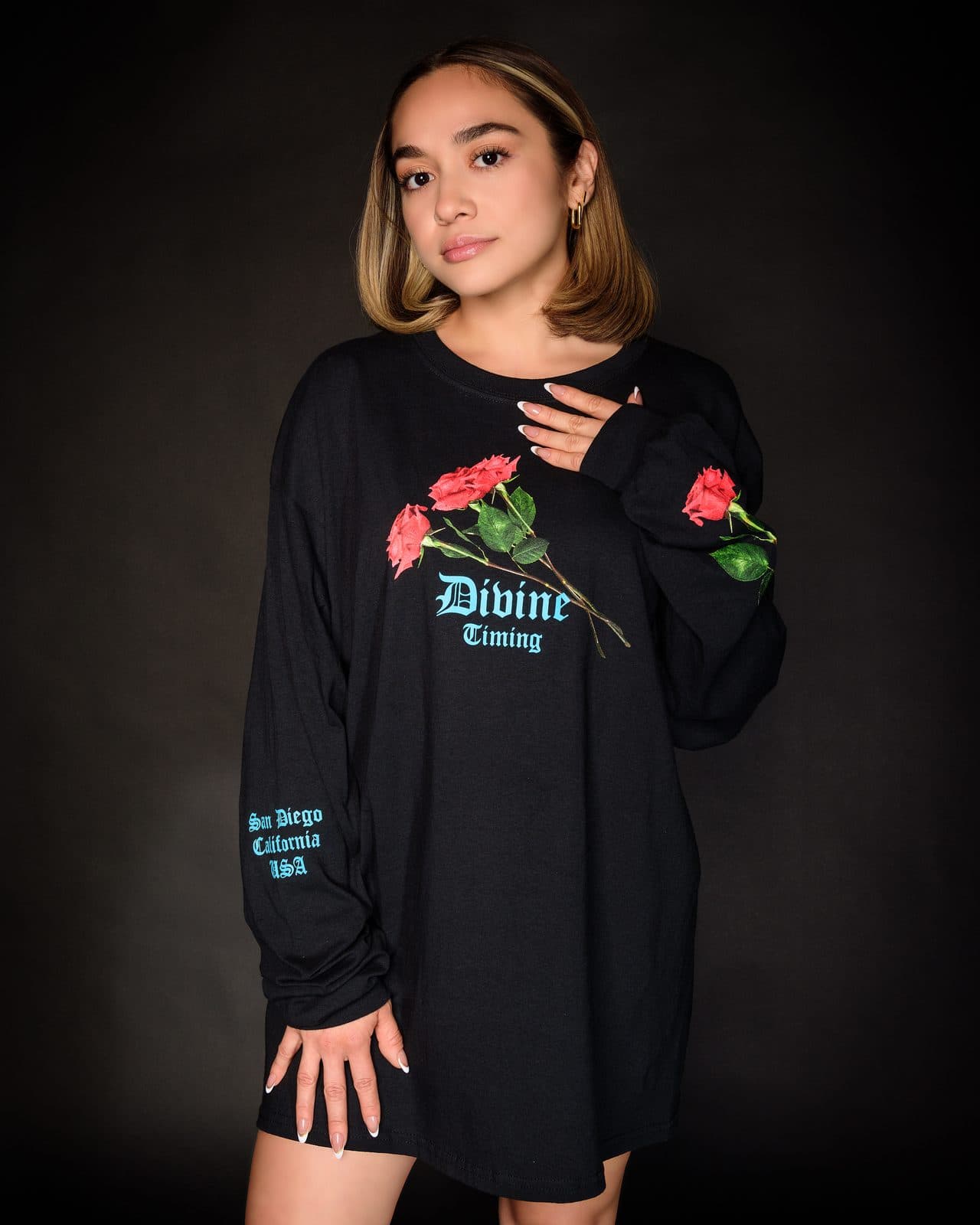 Divine Timing Black Long Sleeve, front, on a model