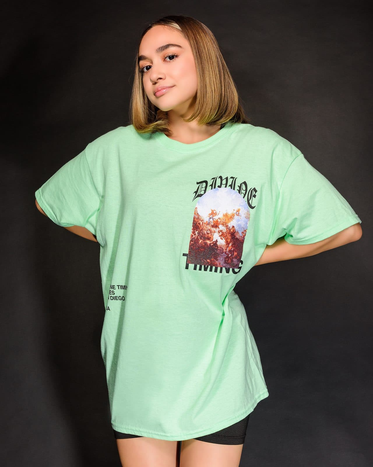 Divine Timing Mint Green Tee, front, on a model
