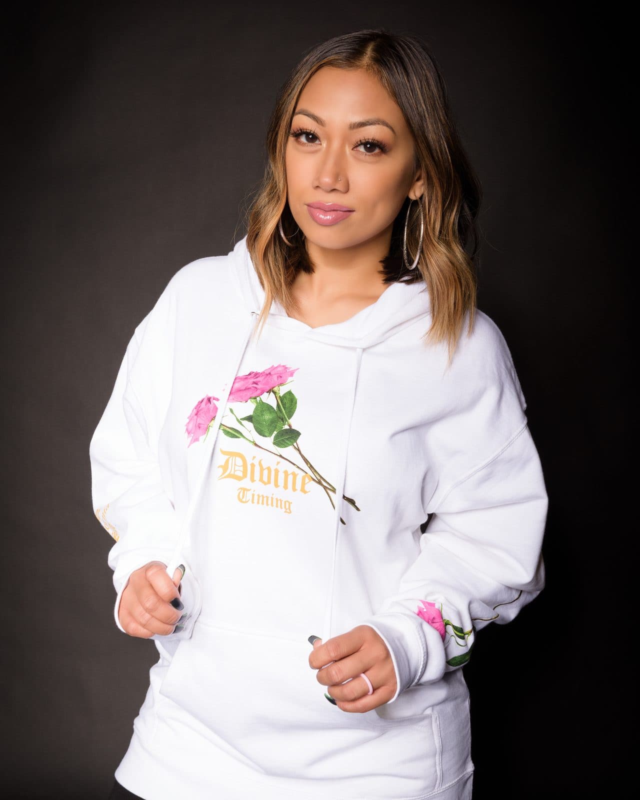 Divine Timing White Hoodie, front, on a model